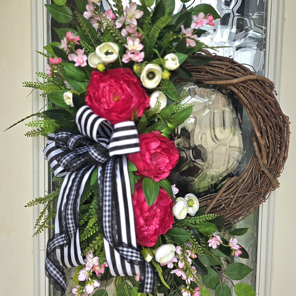 Large 36" Grapevine Wreath, Hot Pink Peone
